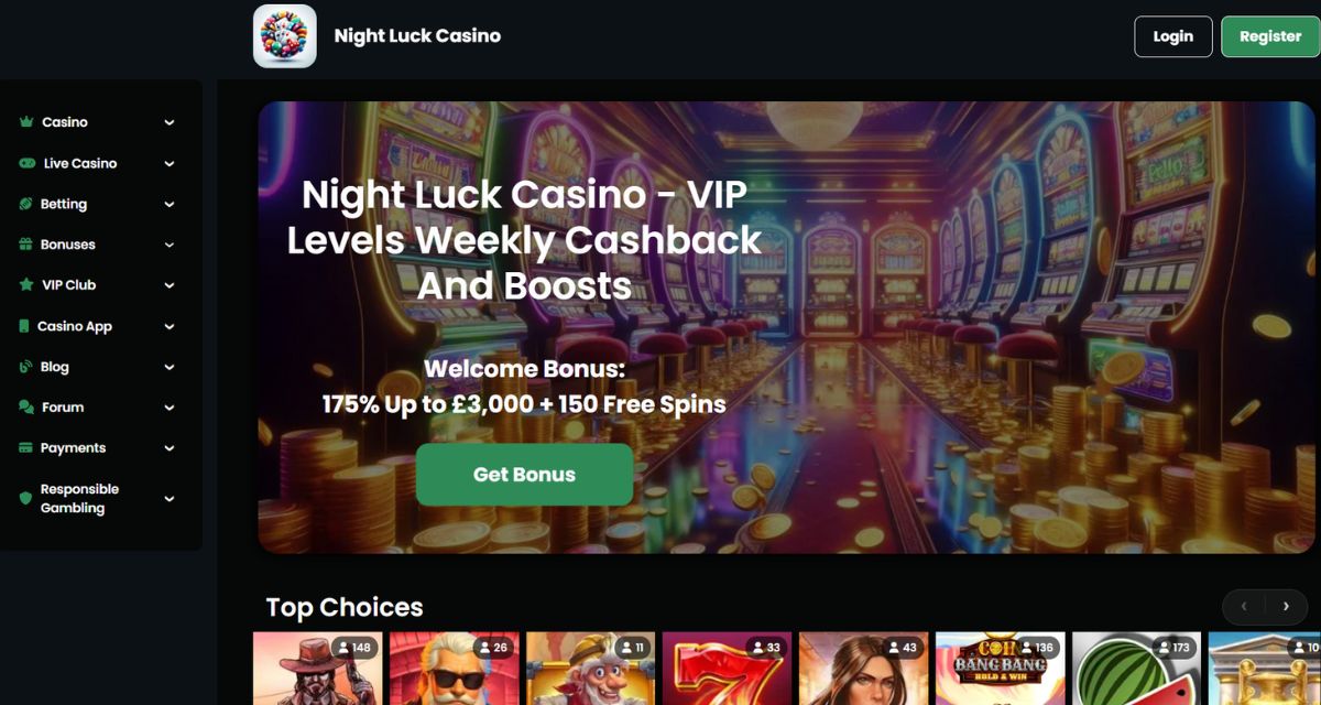 Screenshot of the Night Luck Casino website